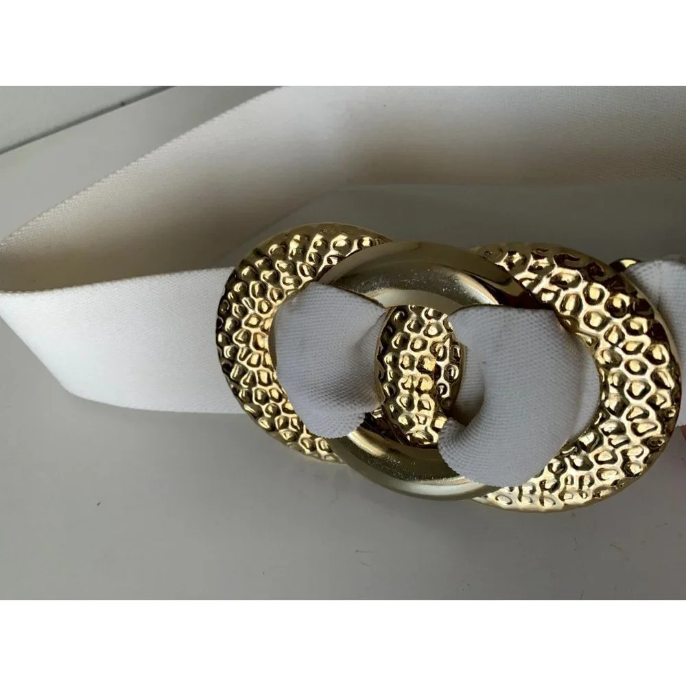 Vintage Statement Belt Womens Gold Accent White Elastic Waist 90s‎ Retro Wide